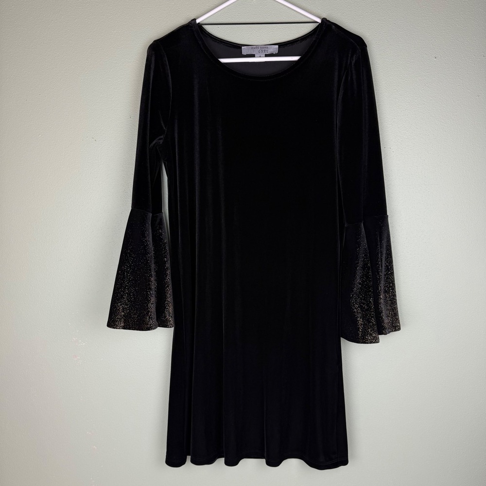 Ruff Hewn Grey - Black Velvet Bell Sleeve Gold Glitter Mini Dress SM Witchy Goth